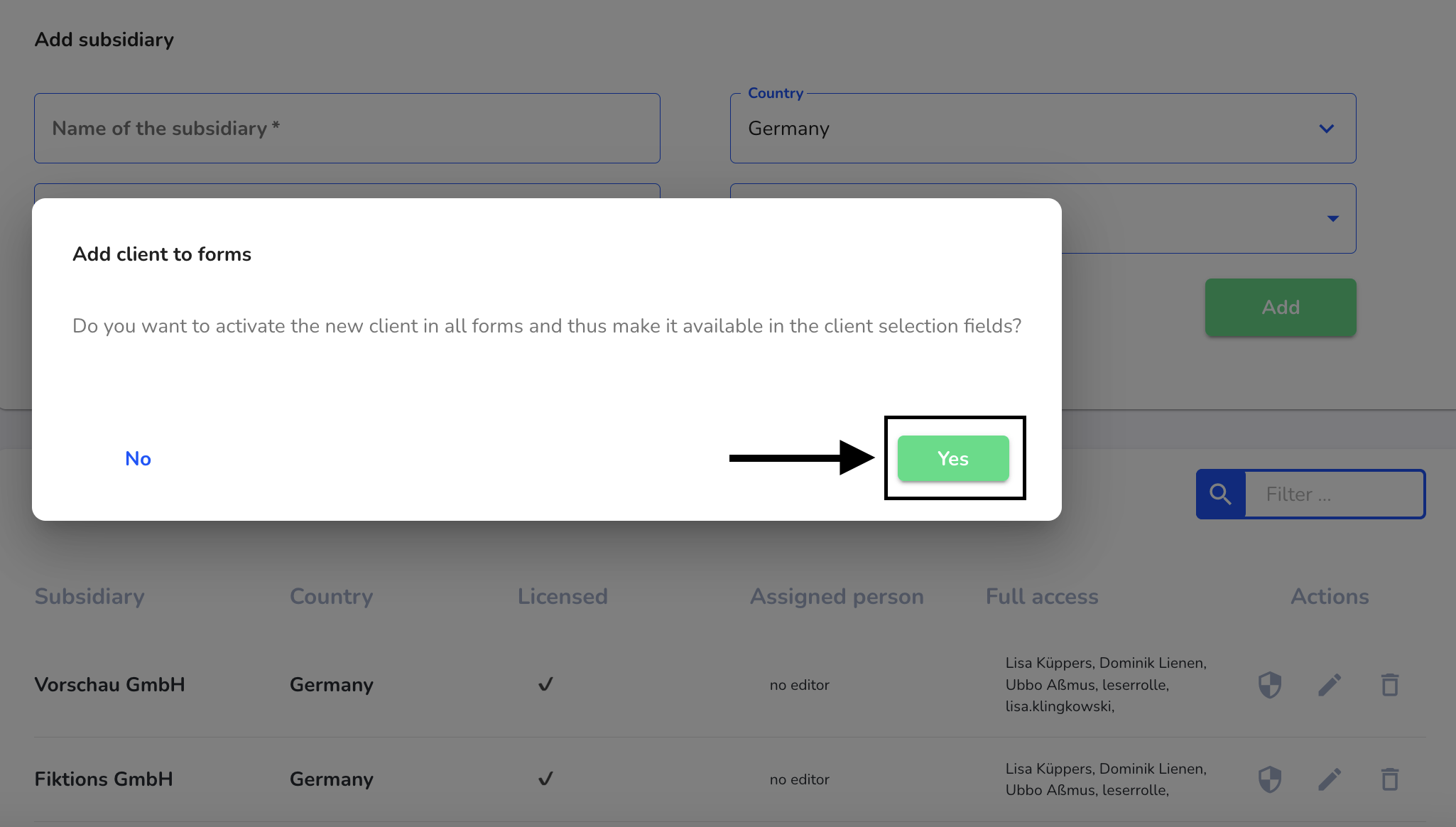 Add client to forms