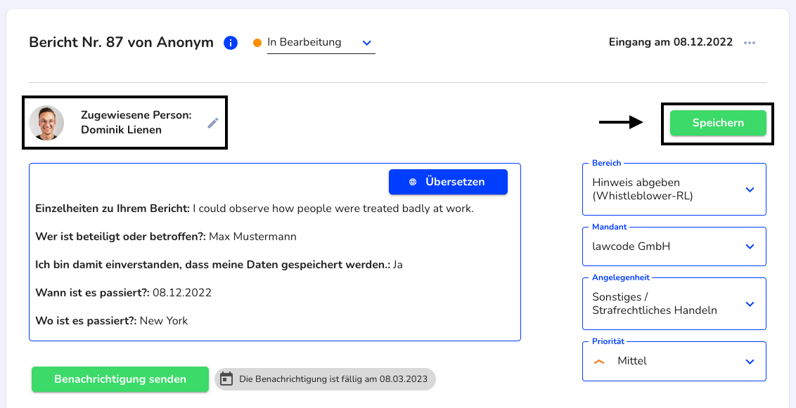 Änderung zuständiger Bearbeiter speichern