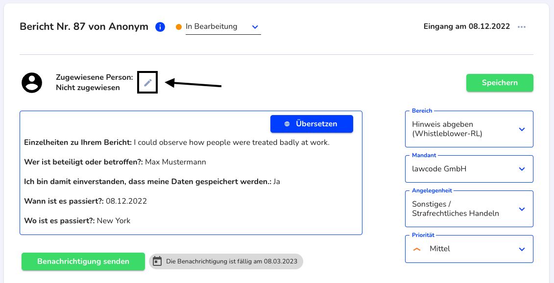 Änderungsstift um die Bearbeitende Person zu ändern