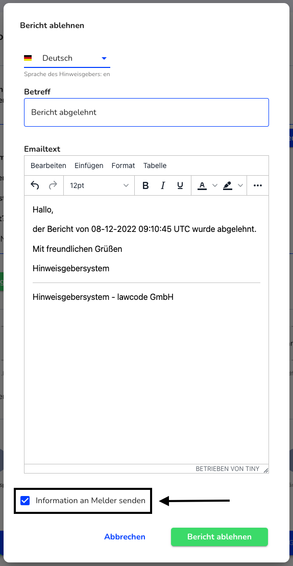 Bericht ablehnen E-Mailtext