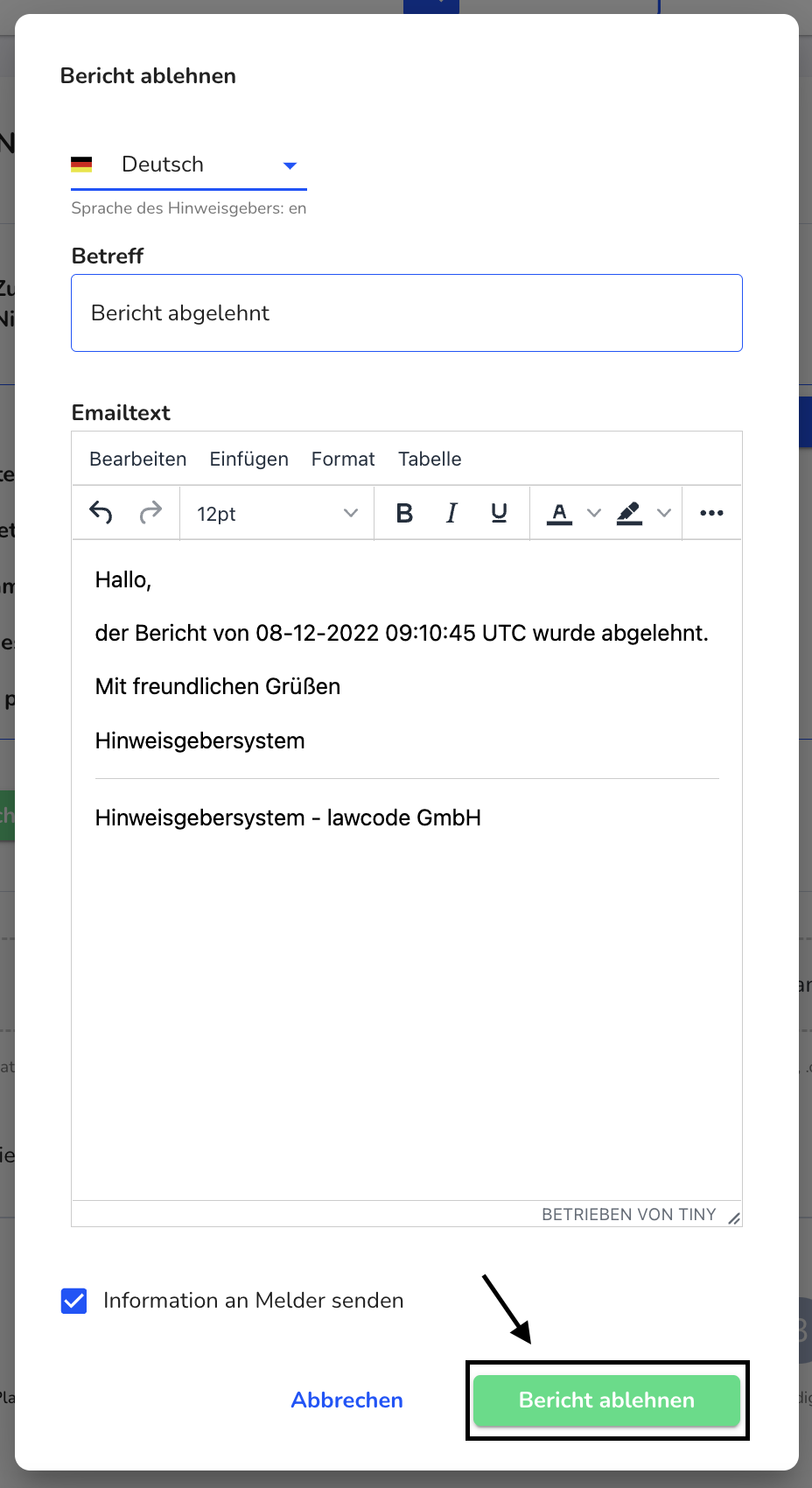Bericht ablehnen bestätigen