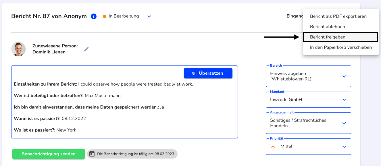 Bericht freigeben auswählen