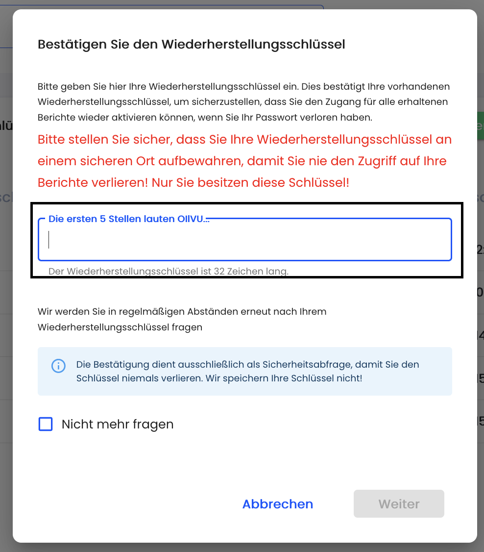 Bestätigung Recovery Key