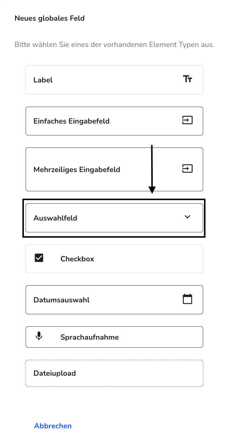 Auswahlfeld Globales Feld