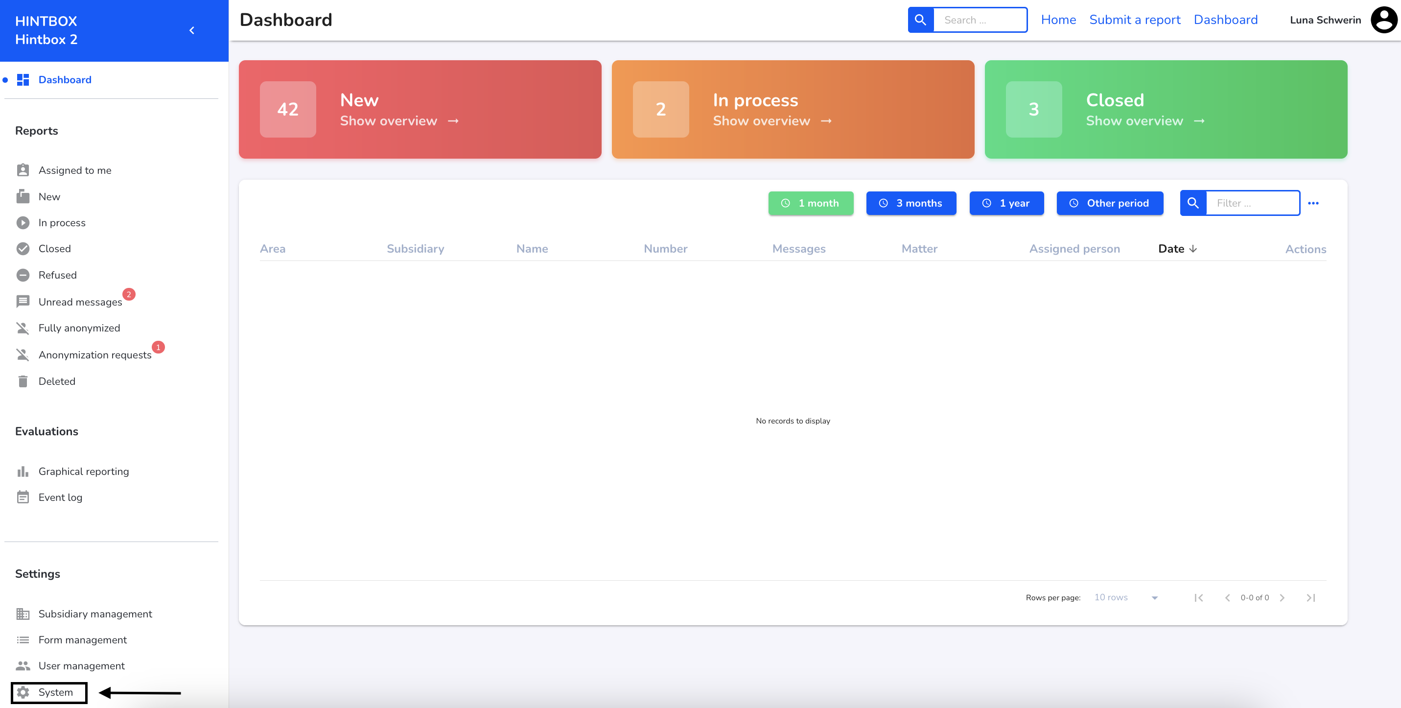 Dashboard Systemeinstellung