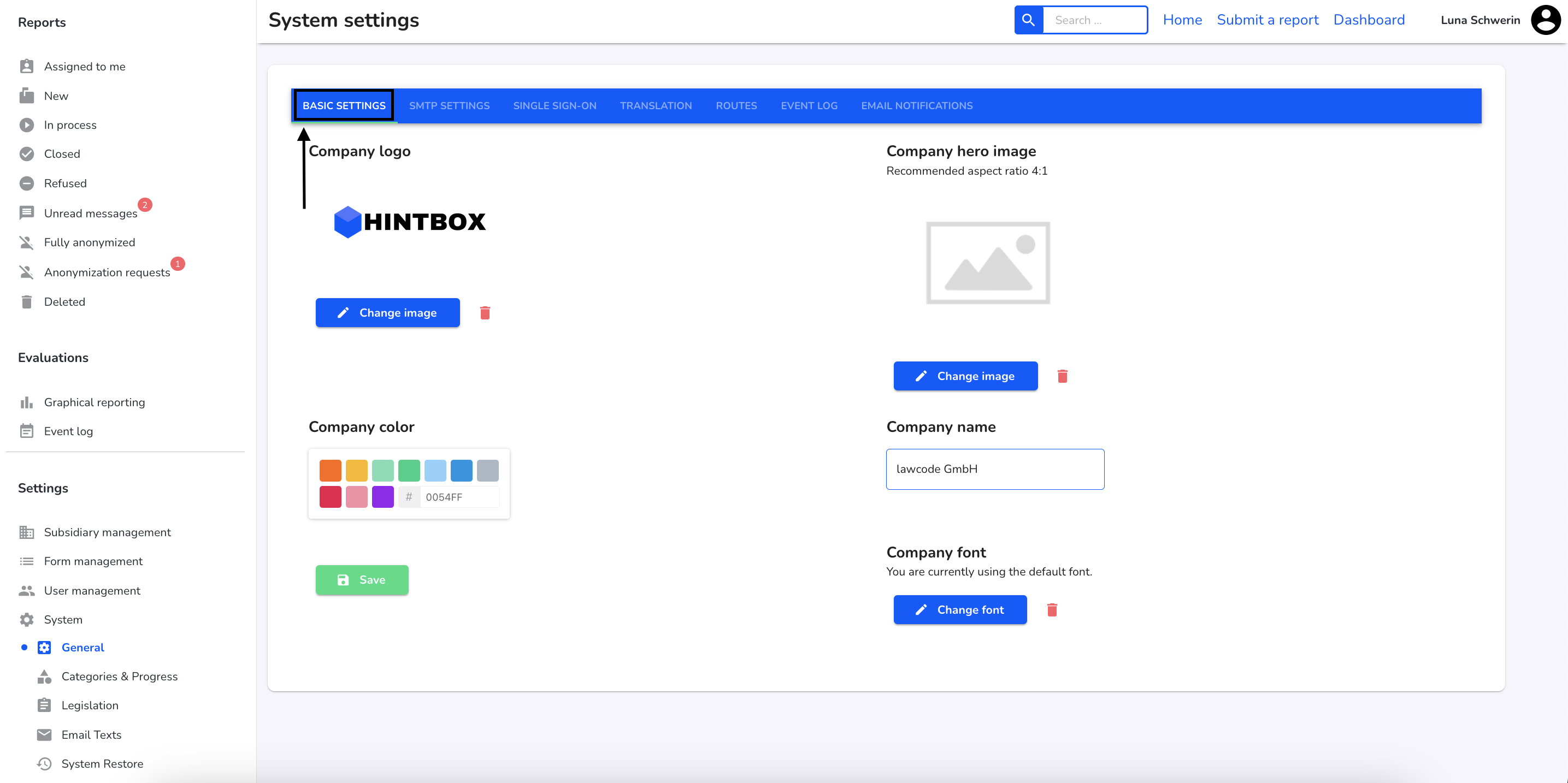 Basisenstellungen Dashboard