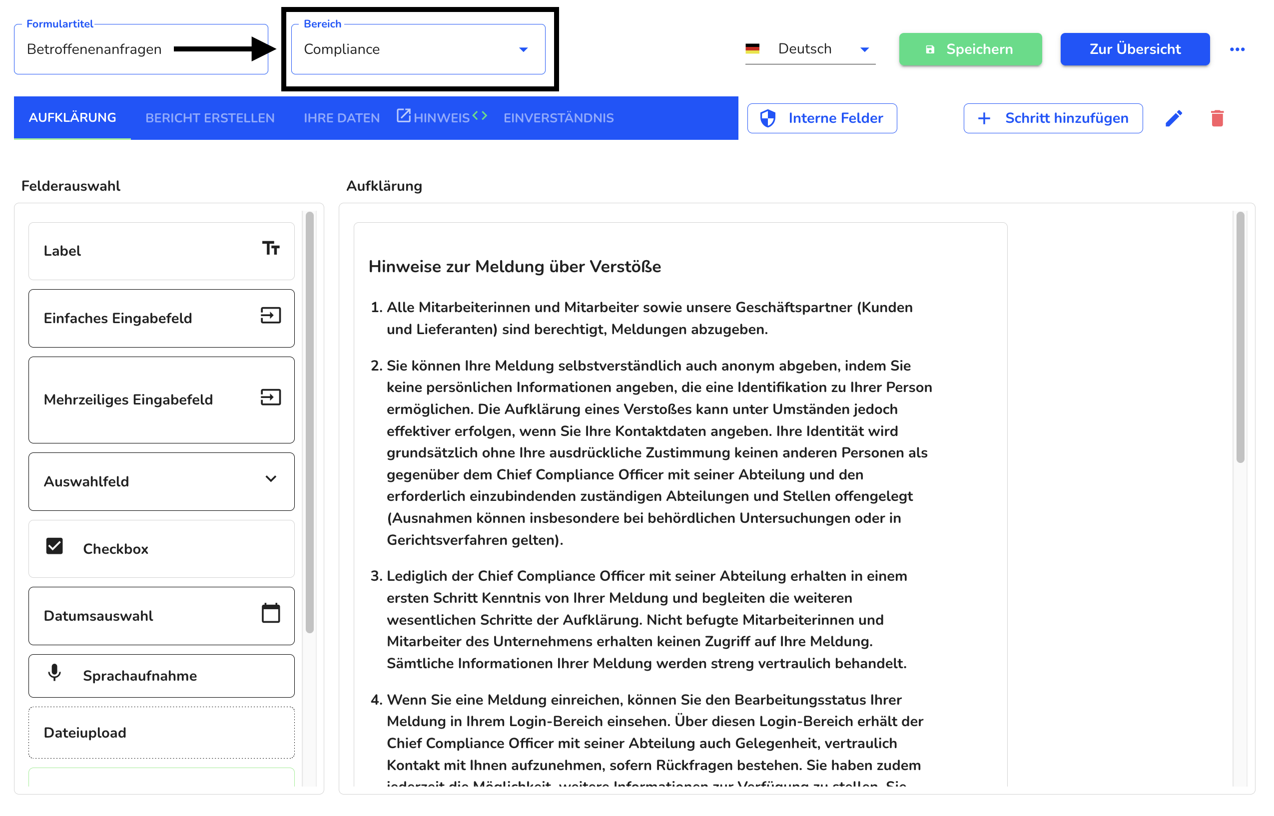 Anderer Bereich dem Formular zuordnen