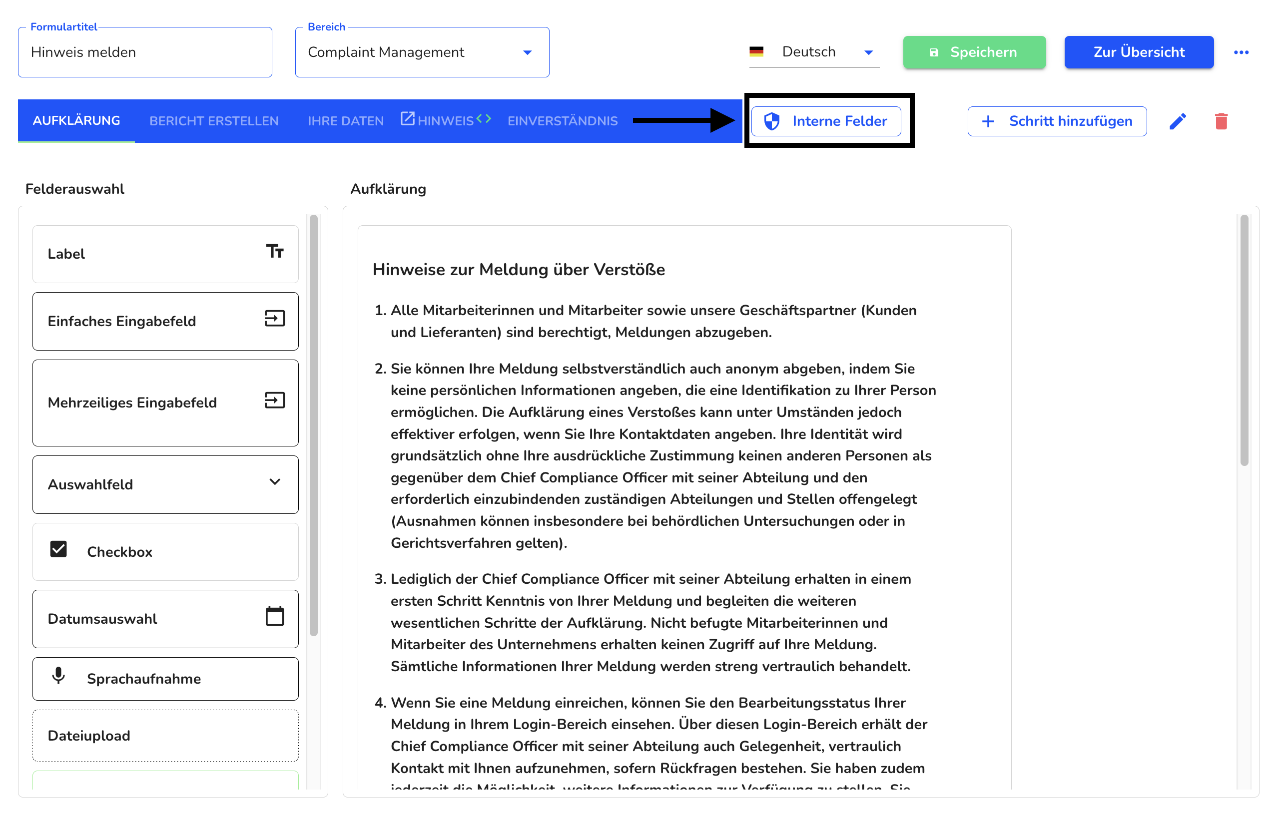 Interne Felder am Formular