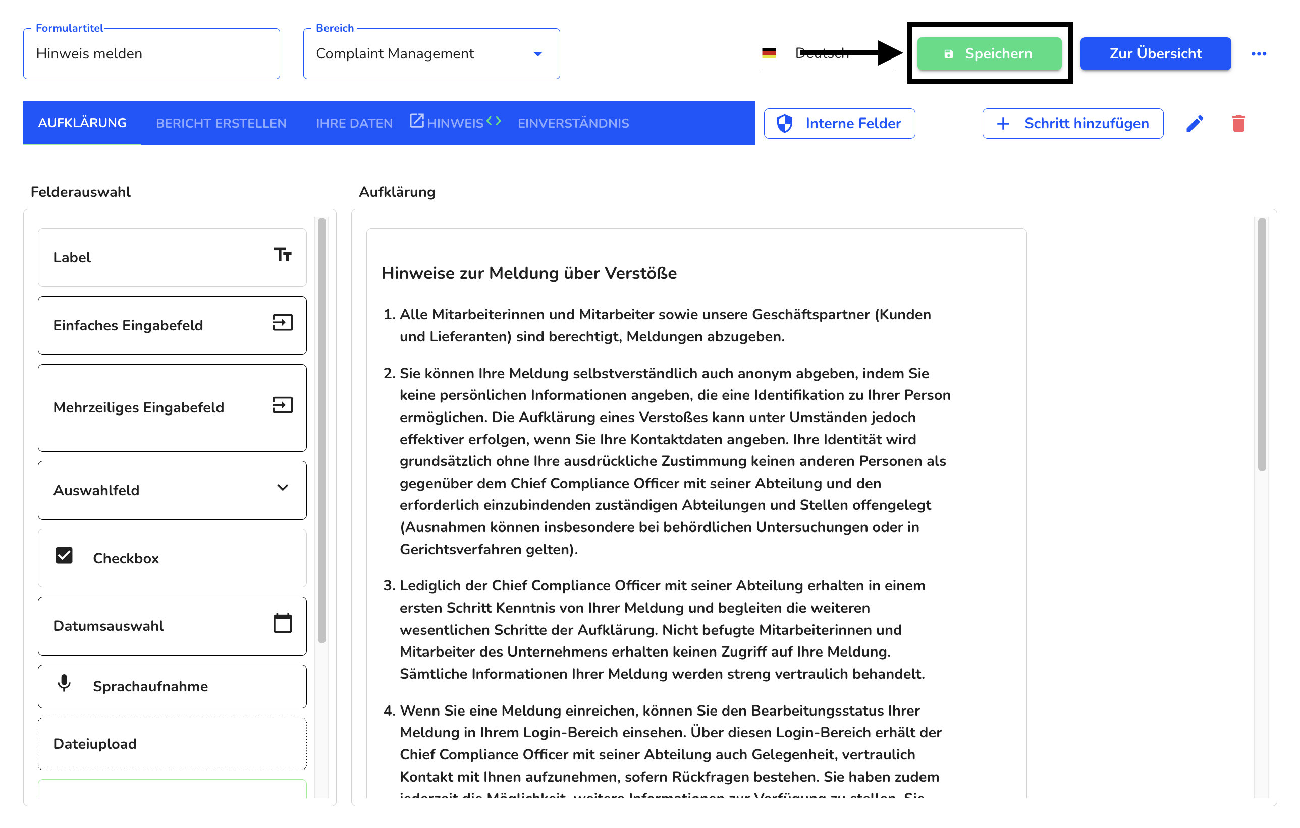 Formular speichern (Formular bearbeiten)