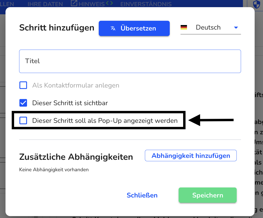 pop-up schritt auswählen