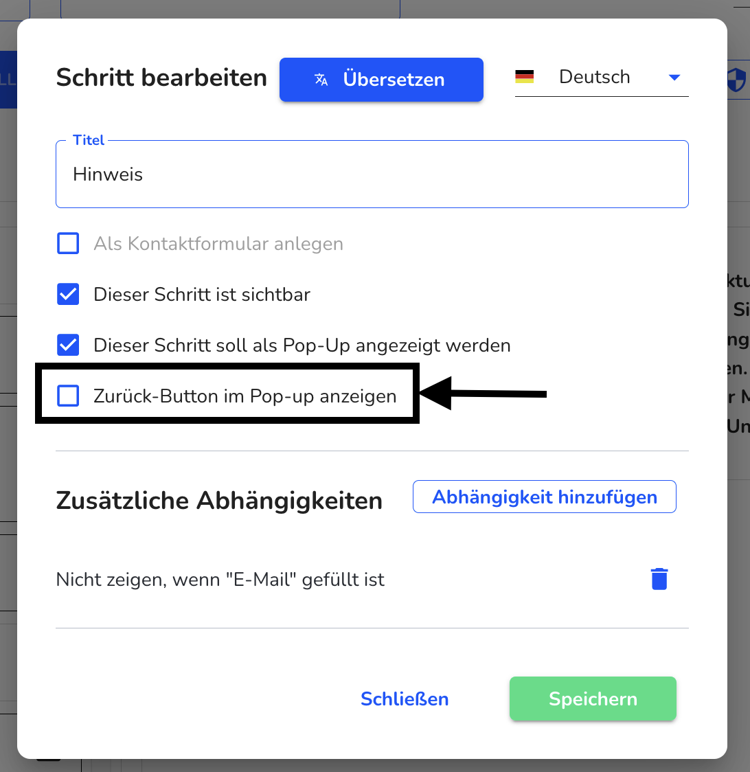 Aktivierung Zurück Button