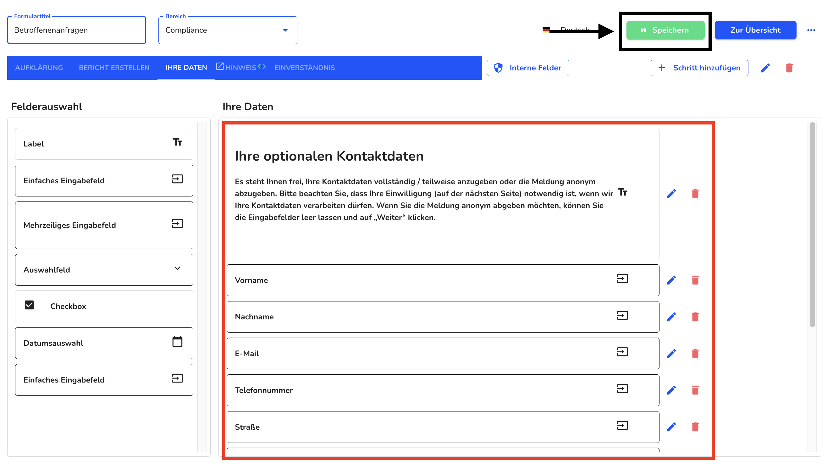 Kontaktformular speichern