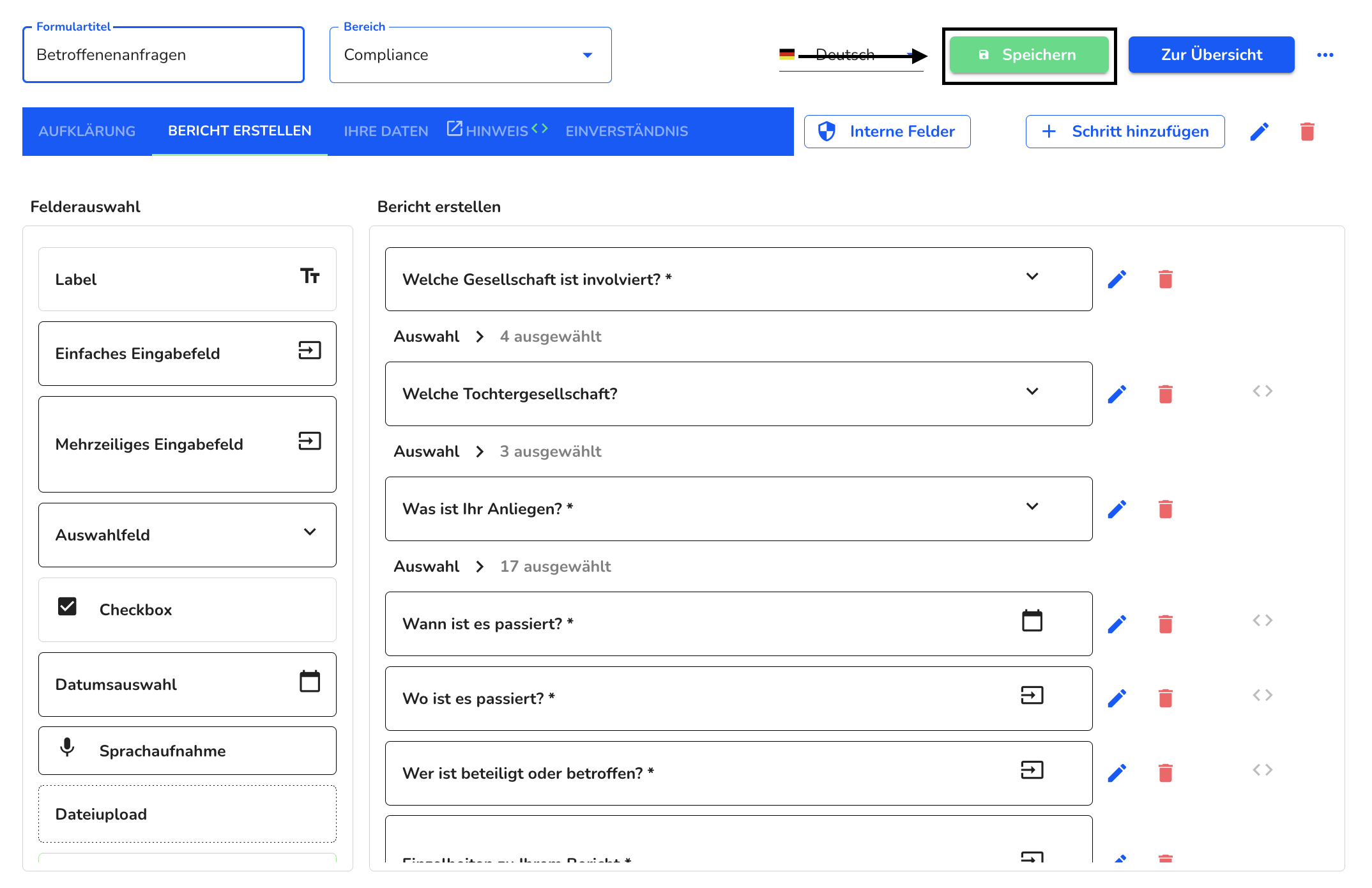 formular speichern