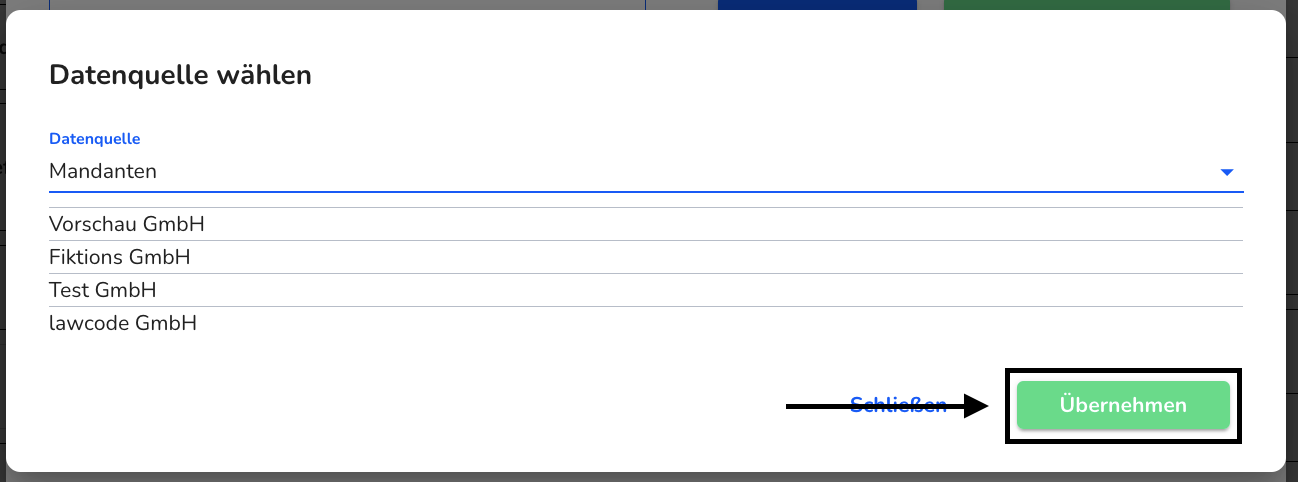 Datenquelle mandant übernehmen