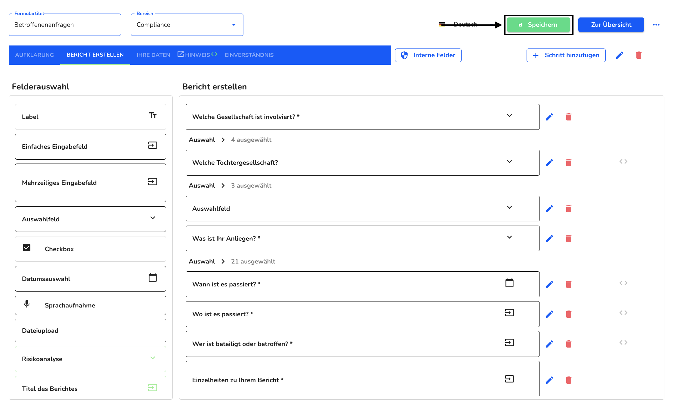 formular speichern