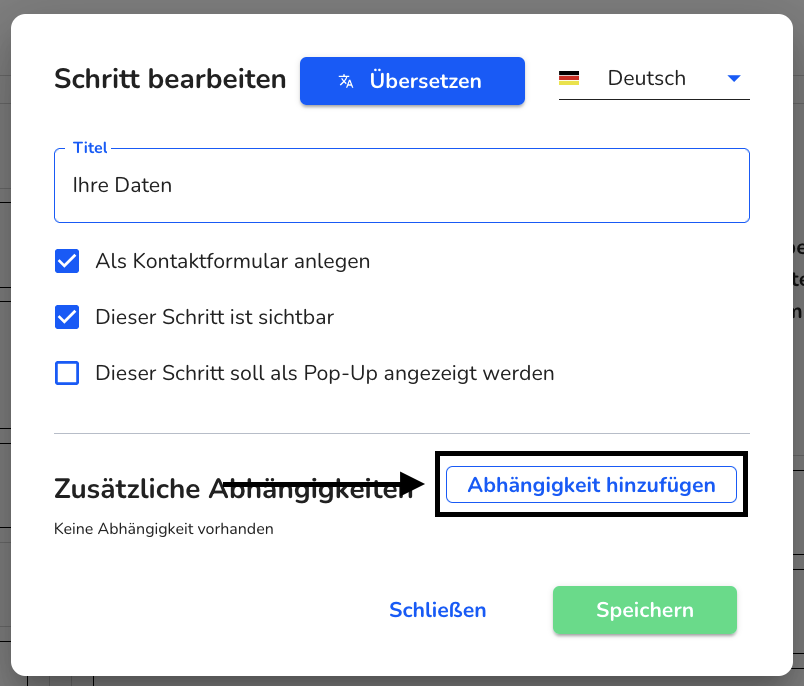 Abhängigkeit hinzufügen Schritte