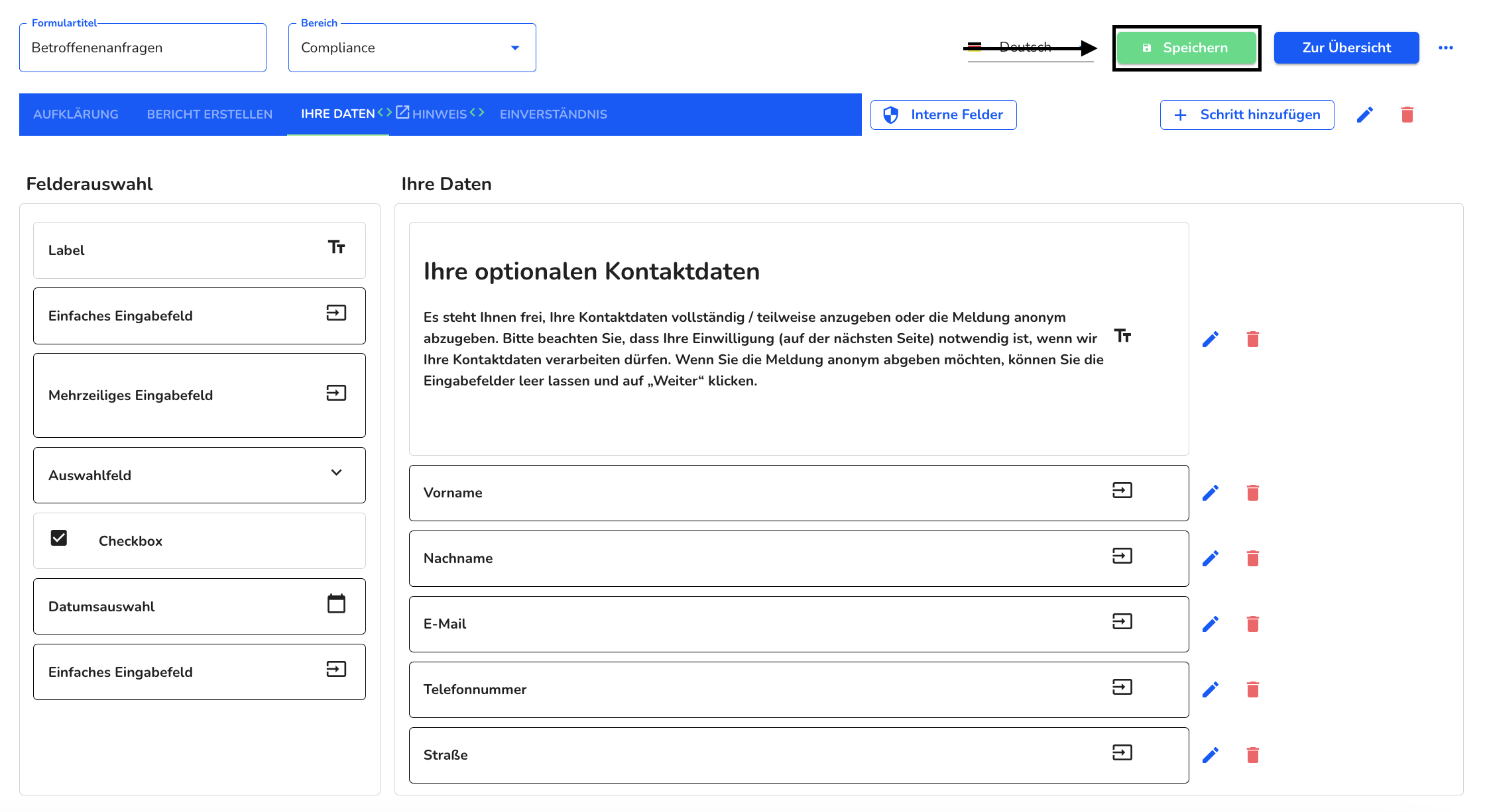 Formular speichern Abhängigkeit