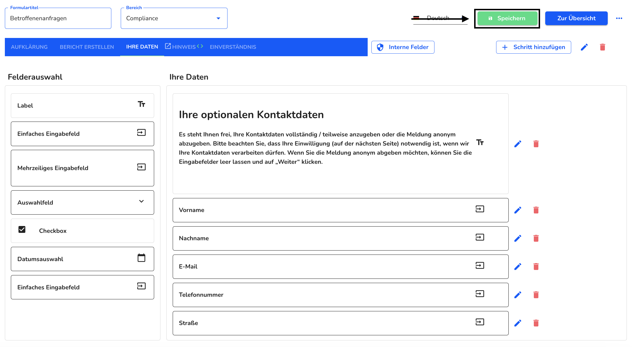 Formular speichern