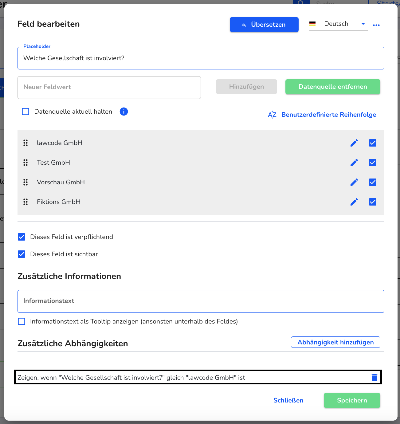 Abhängigkeit Feld erstellt