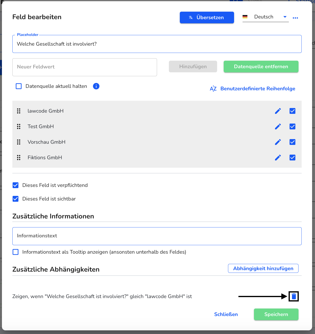 Abhängigkeit Feld entfernen