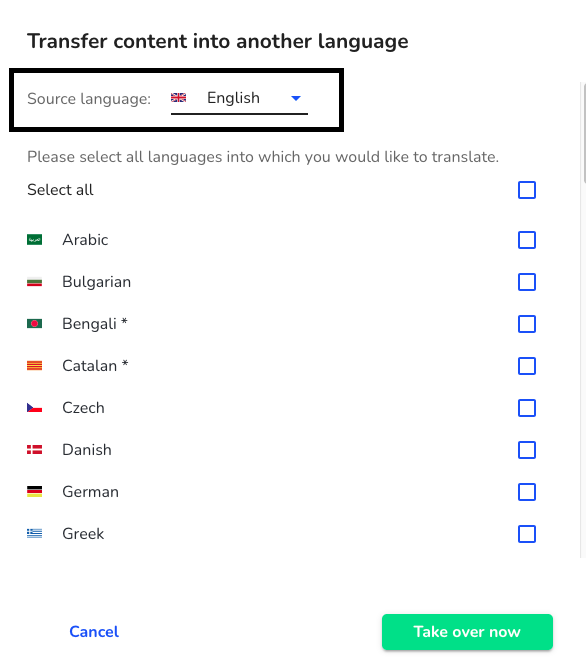 Transfer content into another language Source language