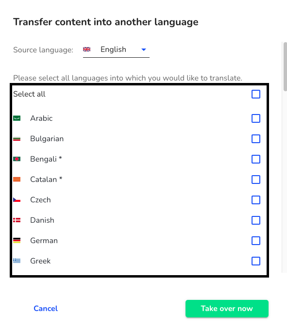 Transfer content into another language select all languages