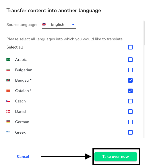 Transfer content into another language take over now