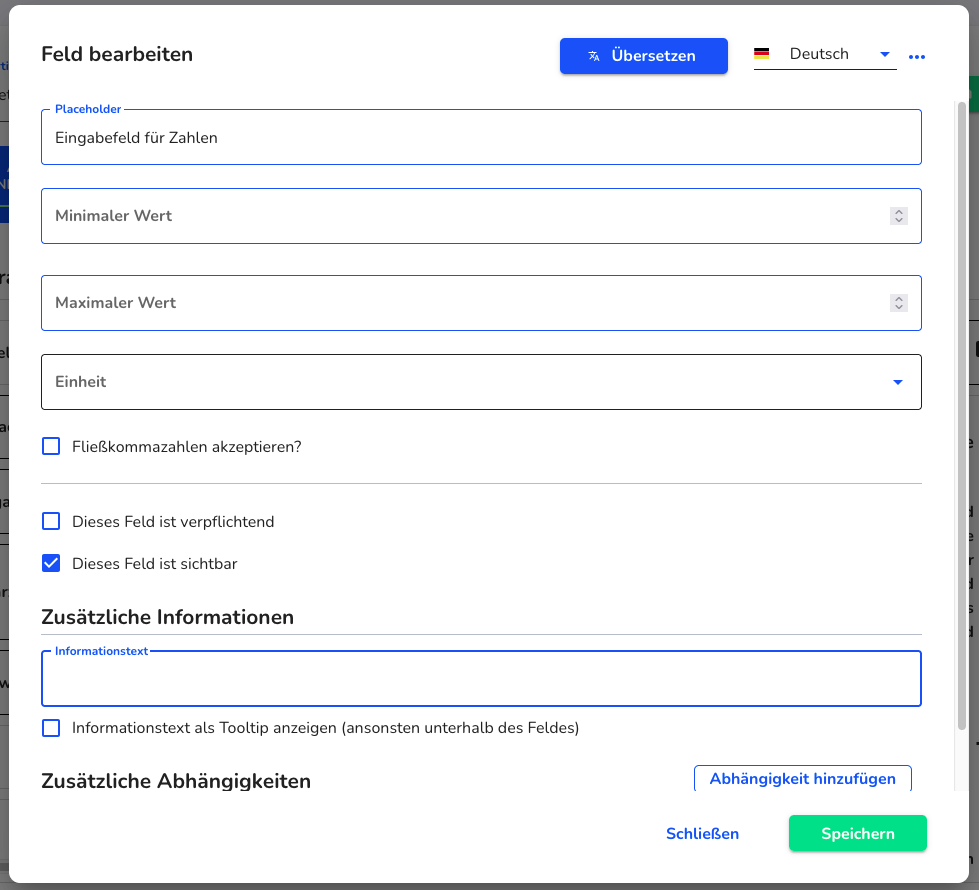 Nummerische Felder Bearbeitungsansicht