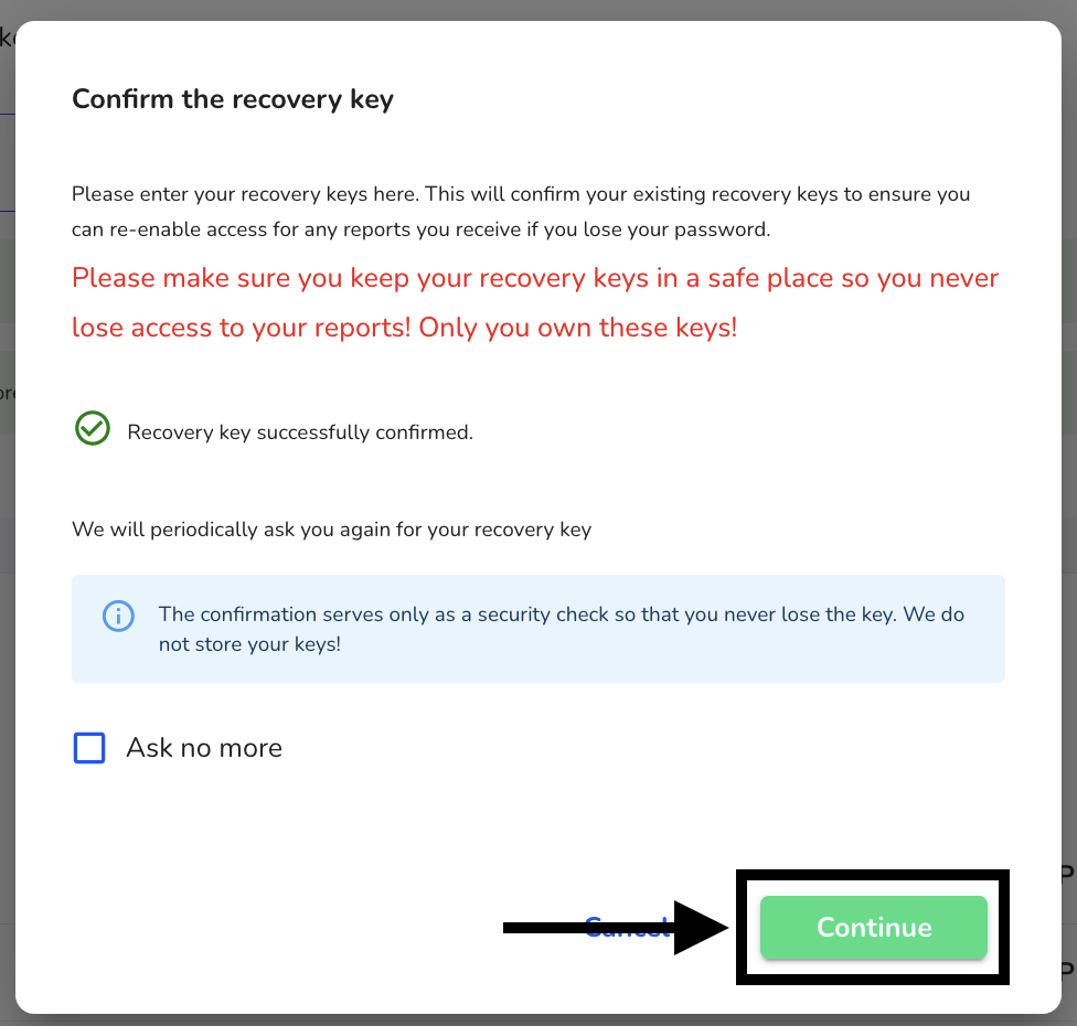 Confirm the recovery key