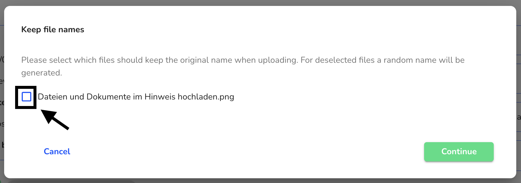 Confirmation of the change of the file name after the upload