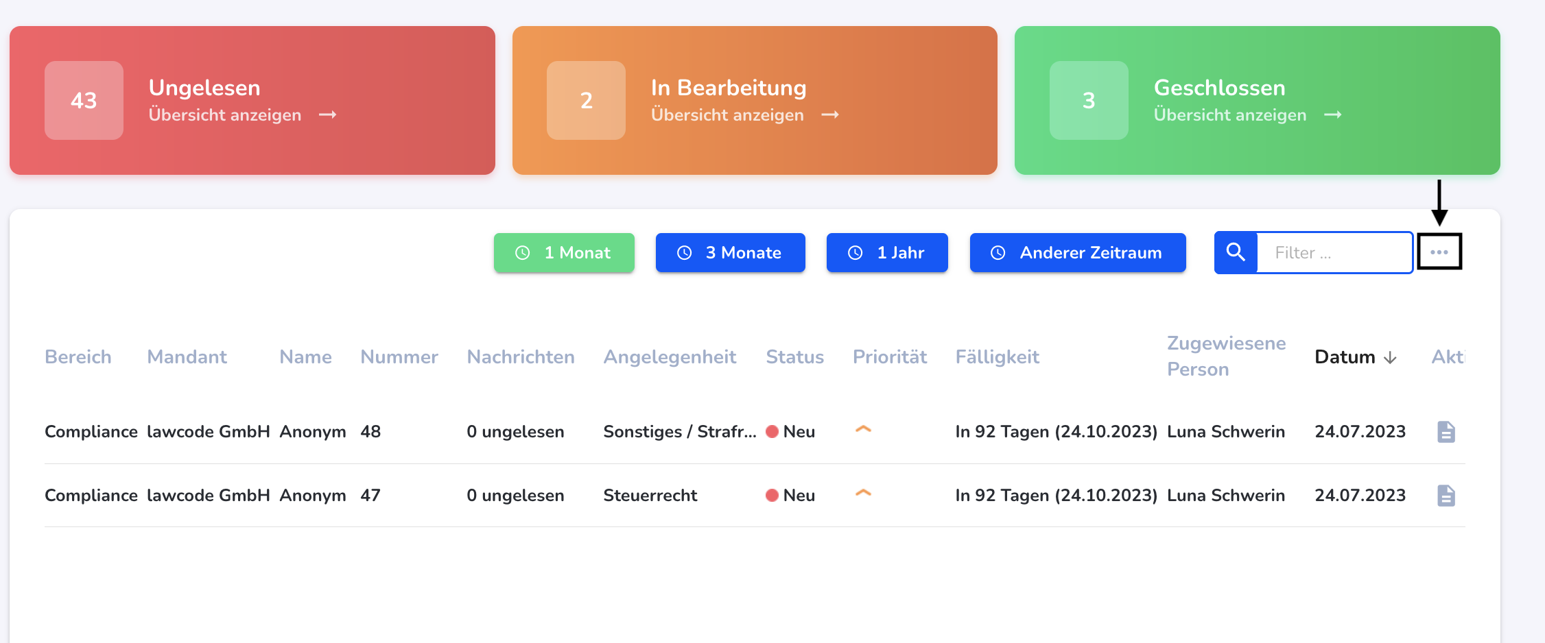 Dashboard Tabelleneinstellung