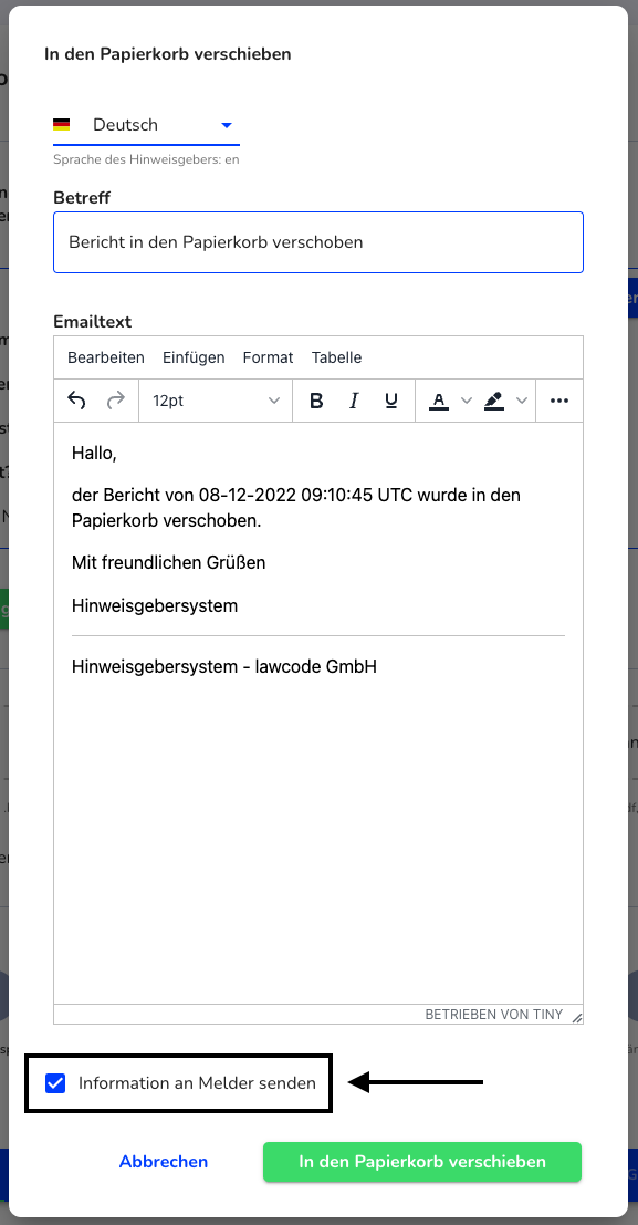 E-Mailtext Information an den Melder senden