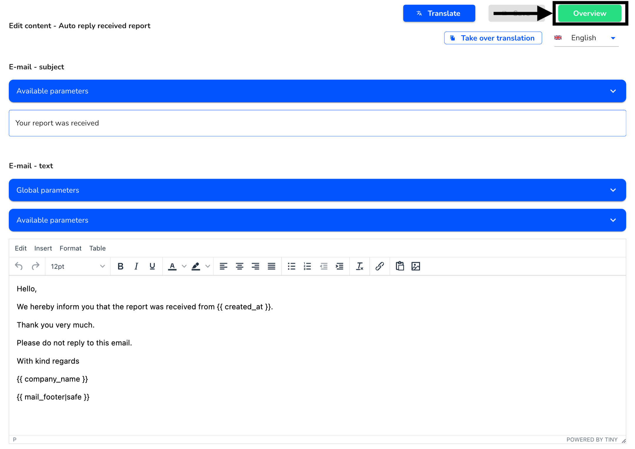 Edit example mailtext overview