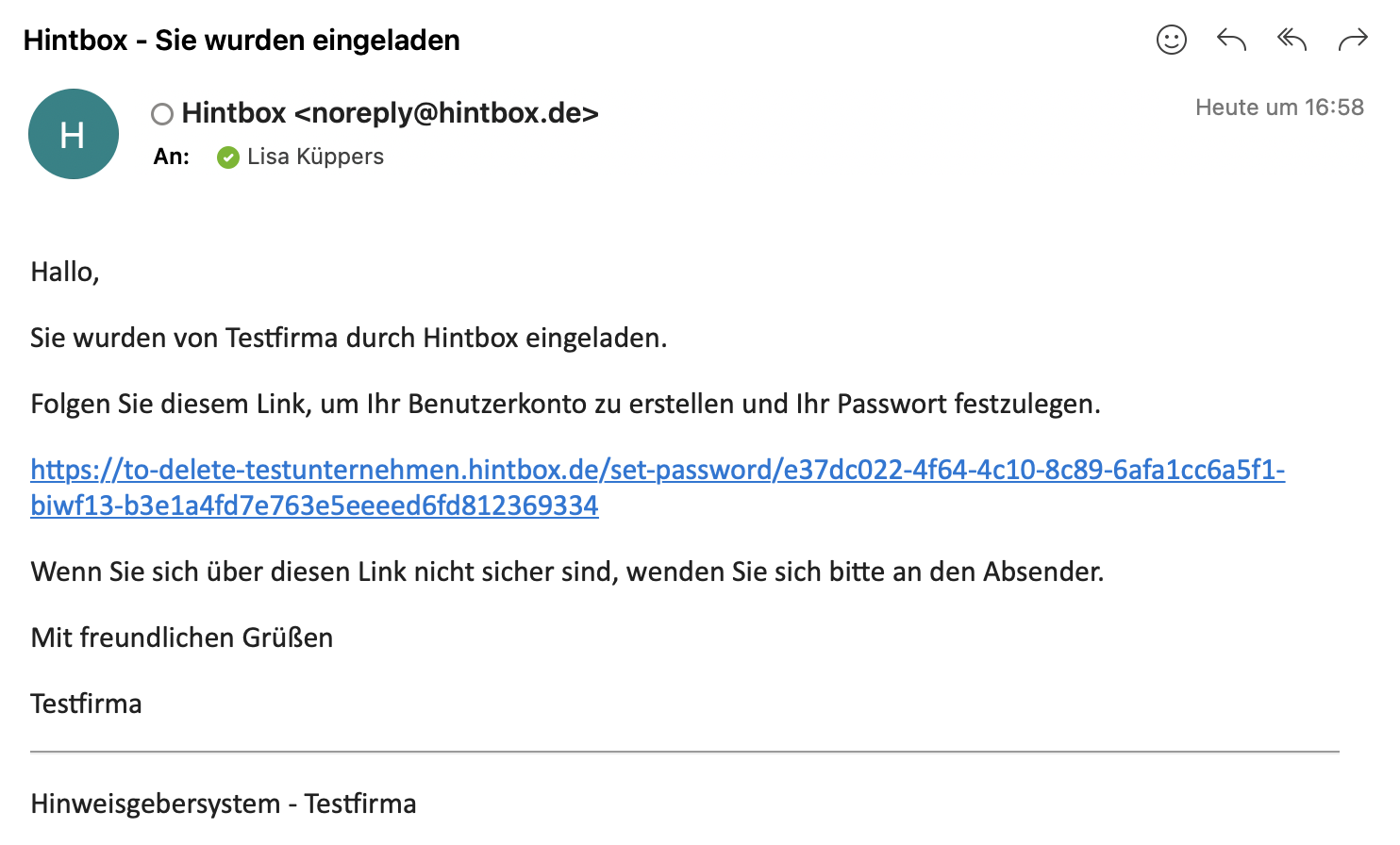 Einladungs Mail nach Erwerb einer Hintbox