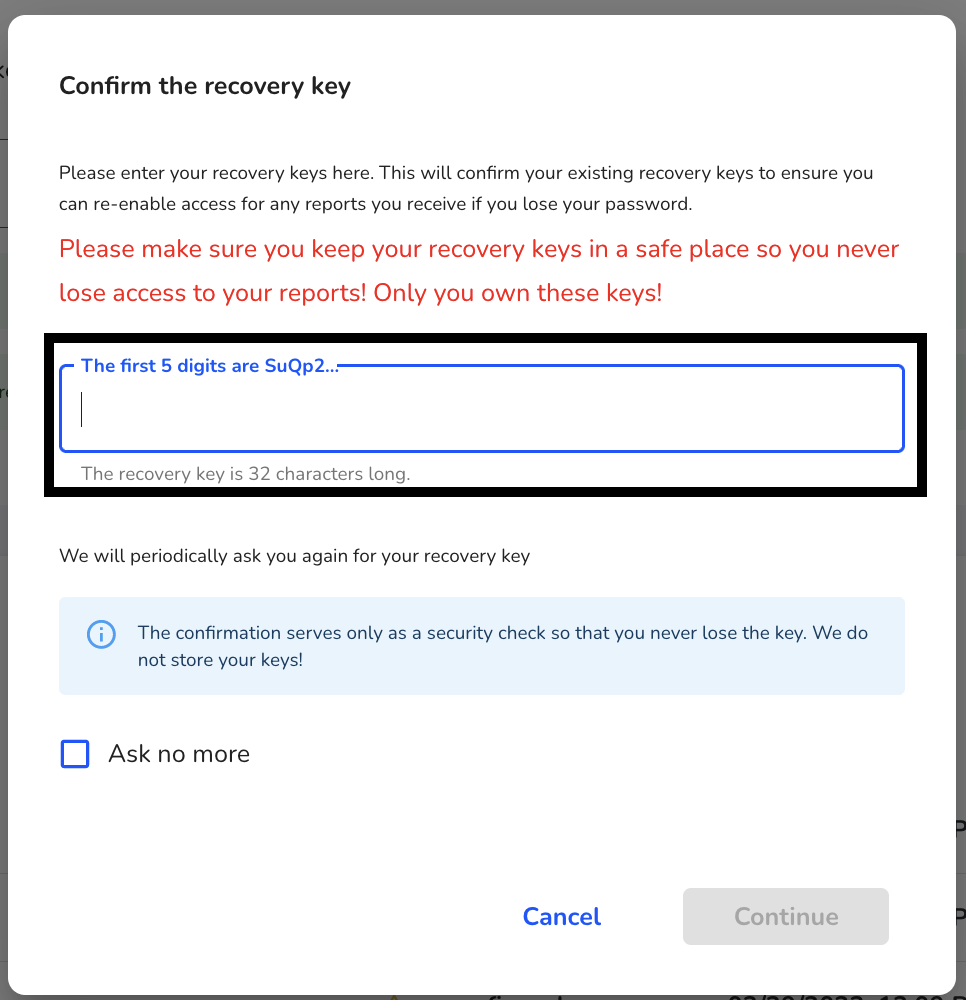 Enter recovery key after set up