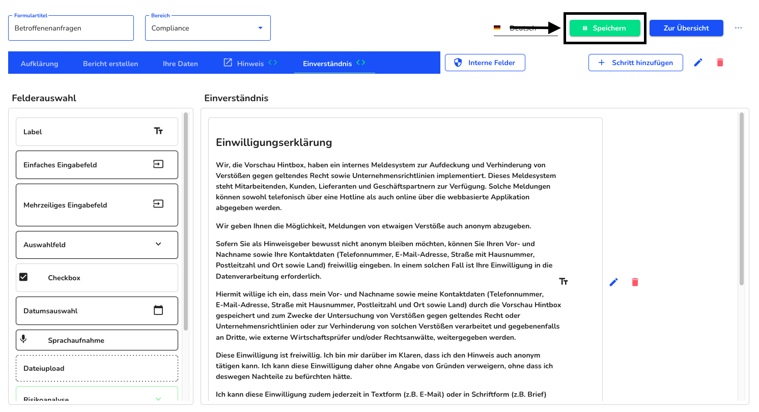 Formular speichern