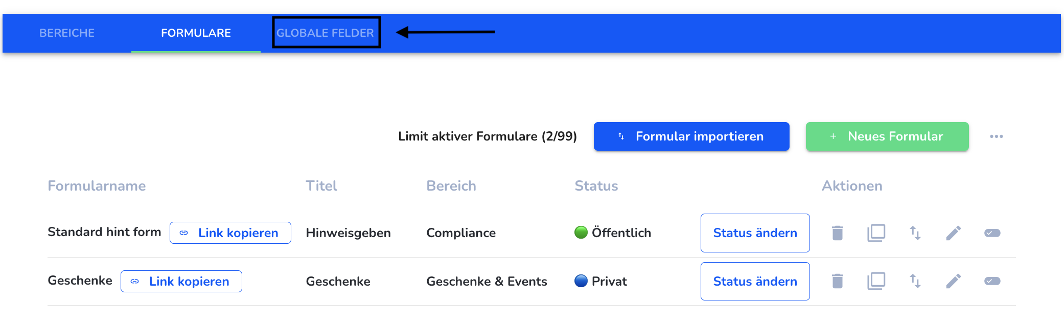 Globale Felder-Formularverwaltung