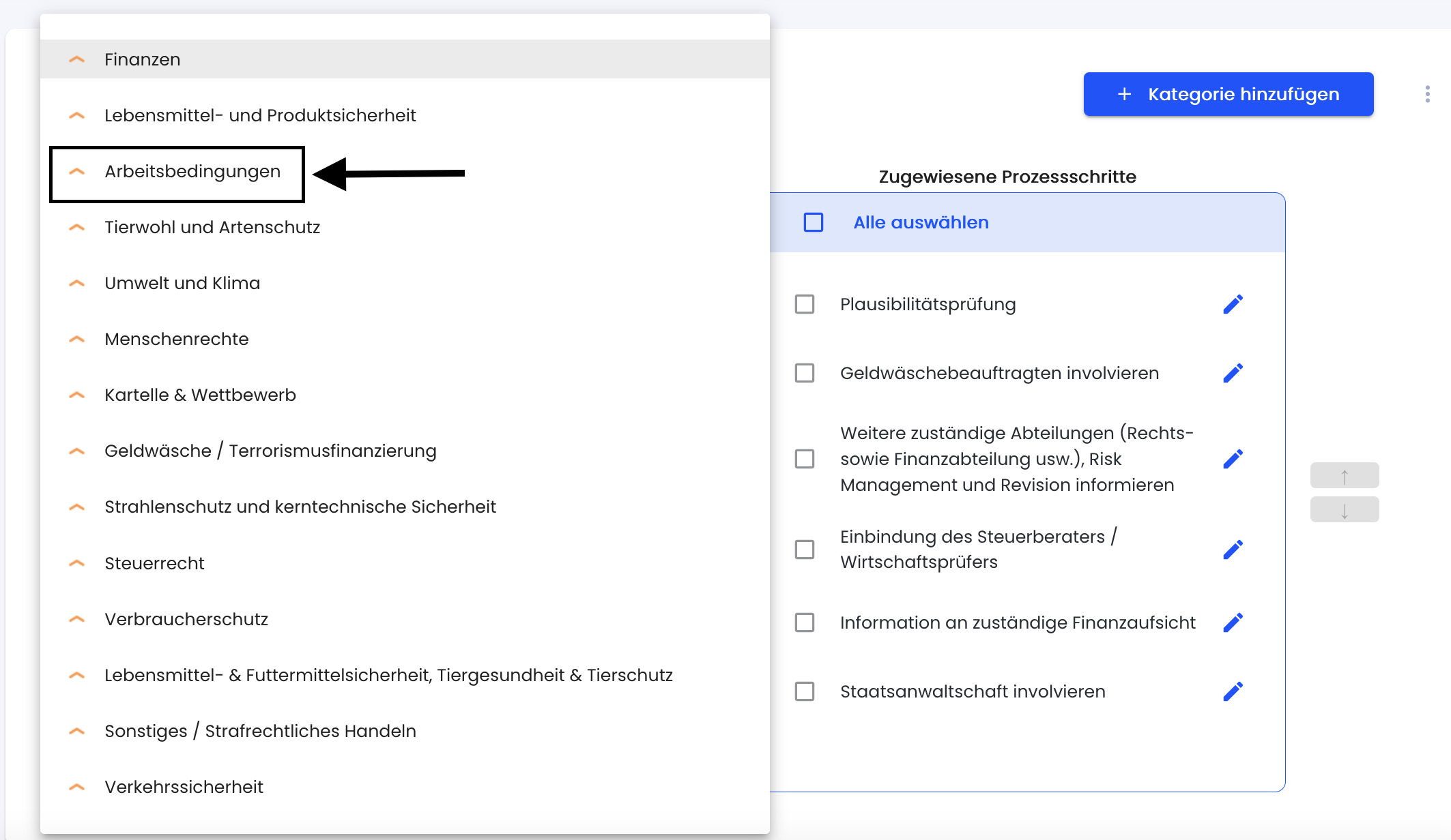 Kategorie auswählen um Prozessschritte zuzuweisen