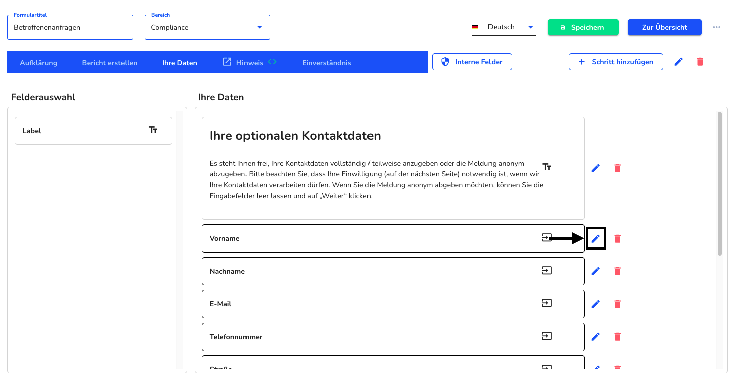 Kontaktinformation Bearbeitungsstift