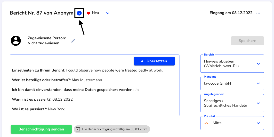 Kontaktinformationen des Hinweisgebers öffnen