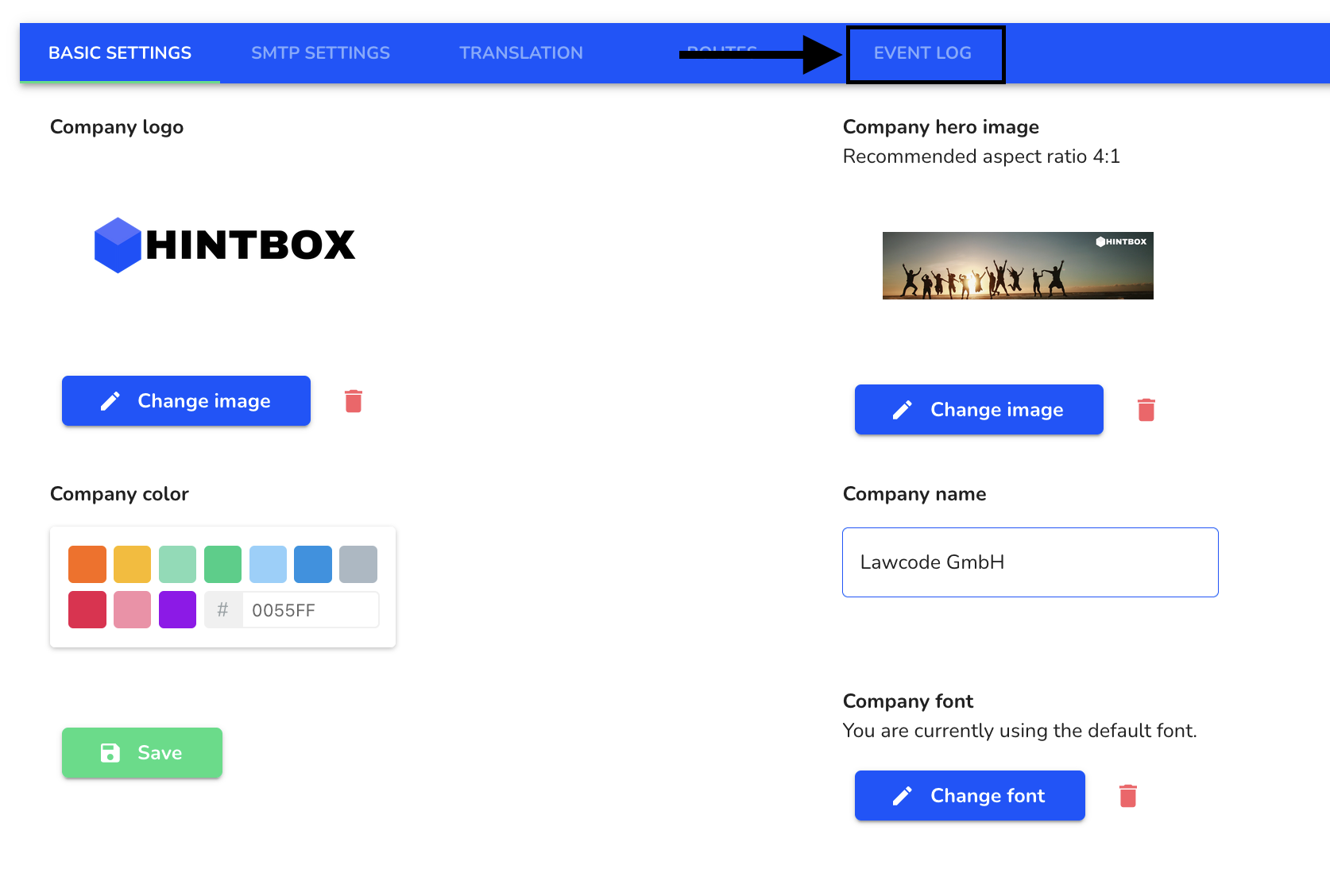 Navigate to Event log settings