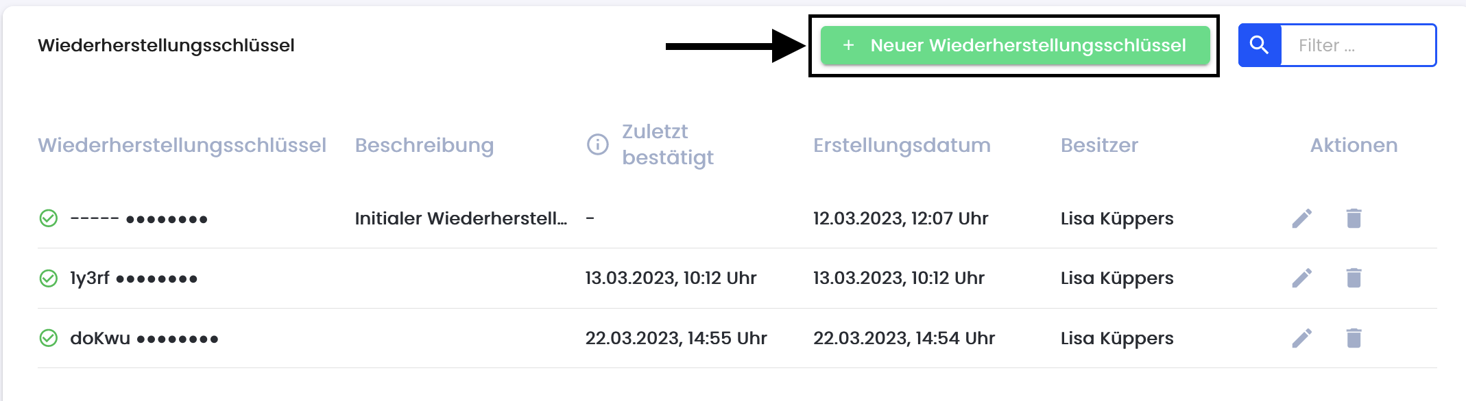 Neuer Wiederherstellungsschlüssel