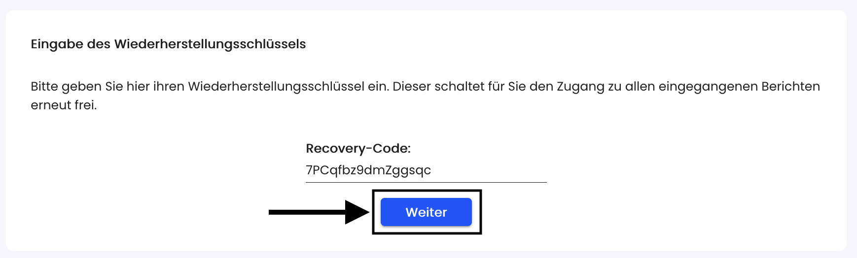 Recovery Code Eingabe