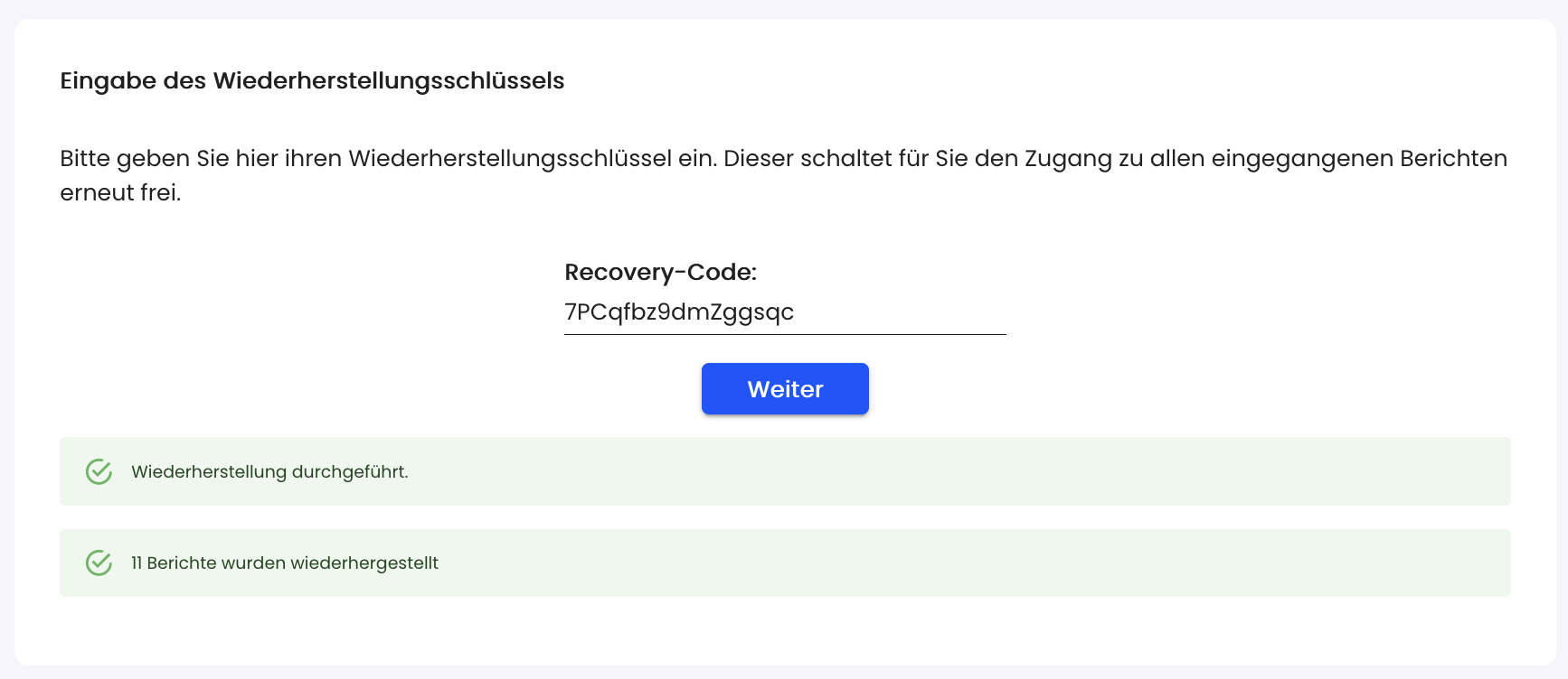 Recovery Code erfolgreich