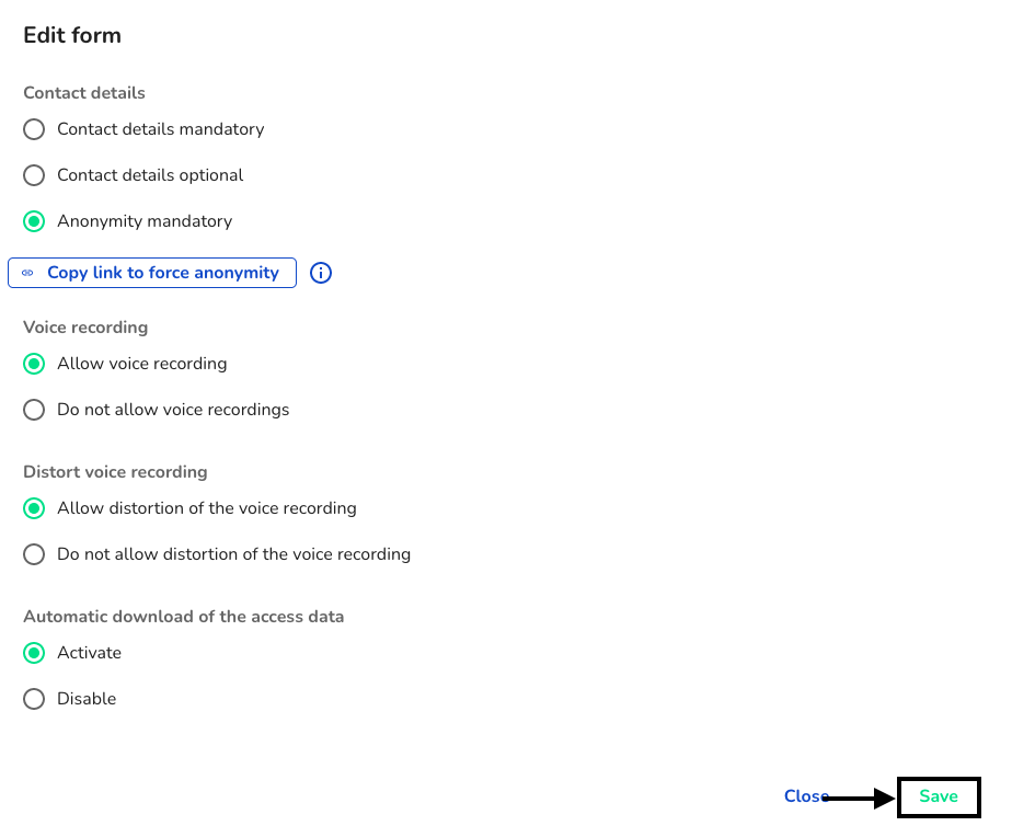 Save Allow distortion of the voice recording