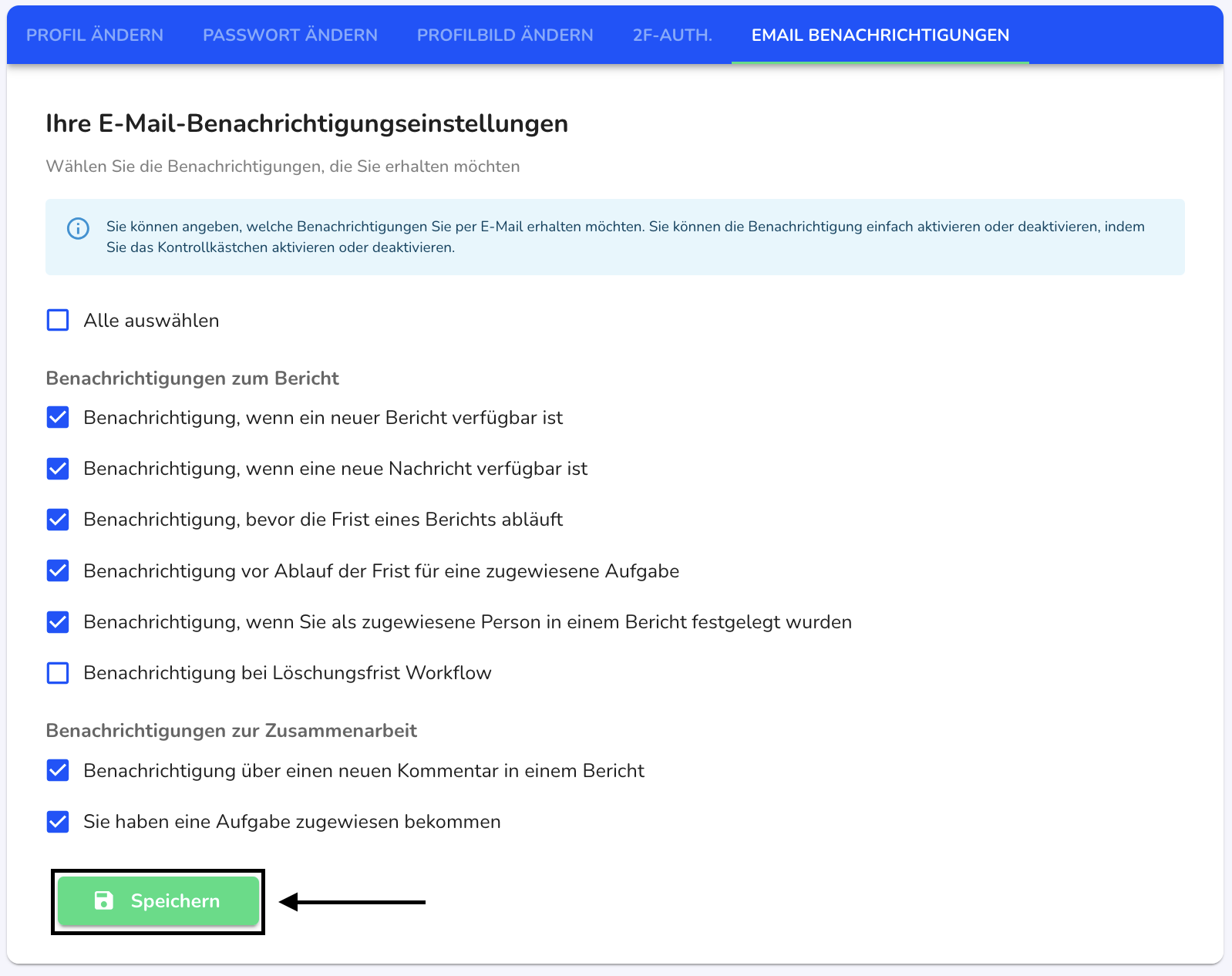 Auswahl Email Benachrichtigung