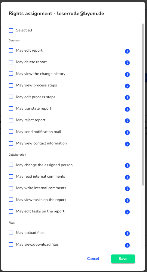 Select rights assignment