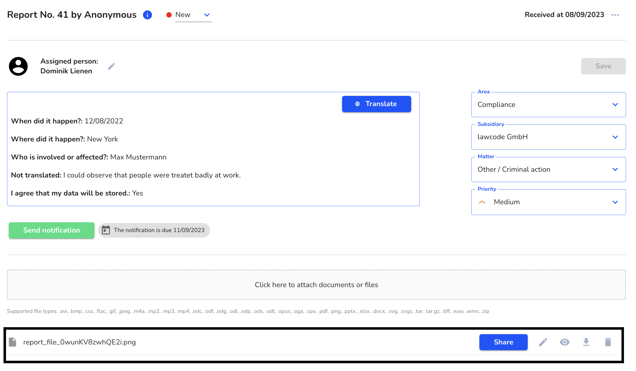 Upload files and documents in the hint