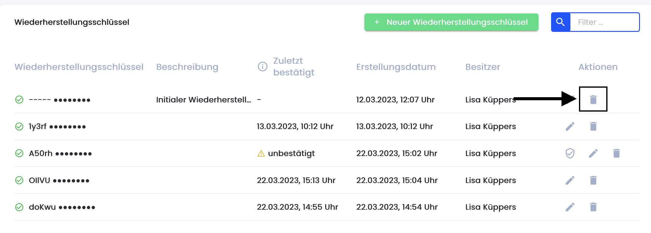 Wiederherstellungsschlüssel löschen